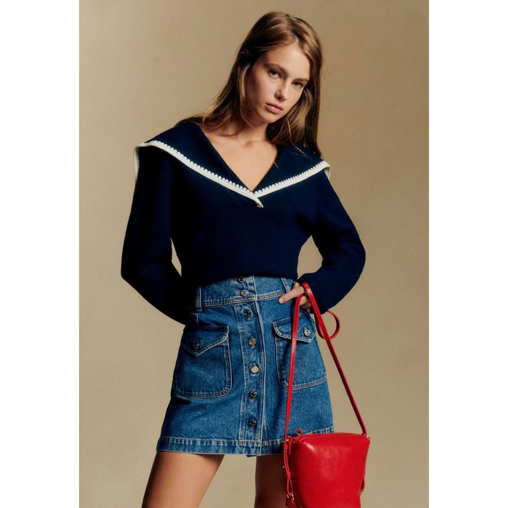 Sezane Naya Jumper  Marine with Ecru Details - Picture 2 of 12